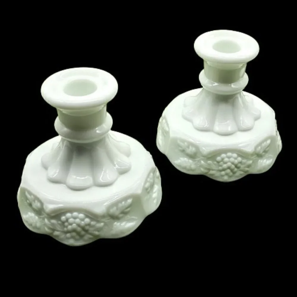 Vintage Westmoreland White Milk Glass Grape Leaves Candle Holders (2)